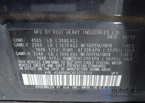 2013 Subaru Outback 2.5I из США, поврежденный, VIN 4S4BRBAC8D3222112